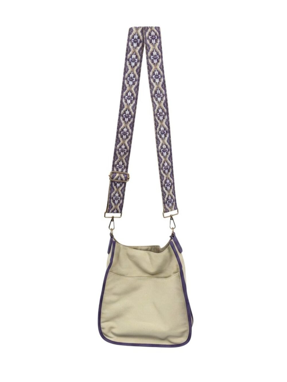 Ah-Dorned Crossbody Bag NWOT Cream Canvas Purple Vegan Leather Trim Boho